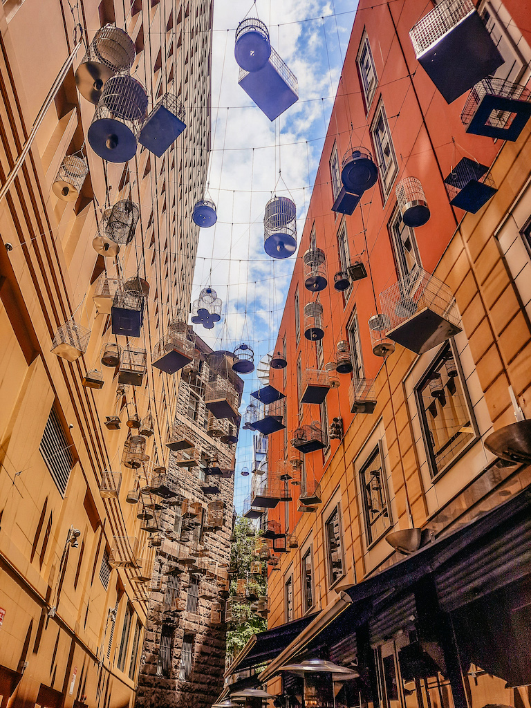 Vogelkäfige Hängen von oben in schmaler Gasse in Sydney, Australien