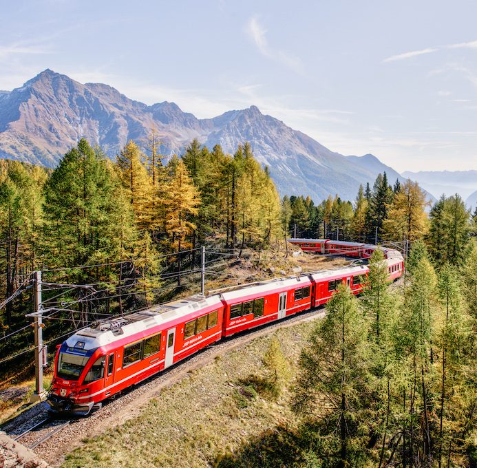 Zug fährt durch die Natur umgeben von Bergen